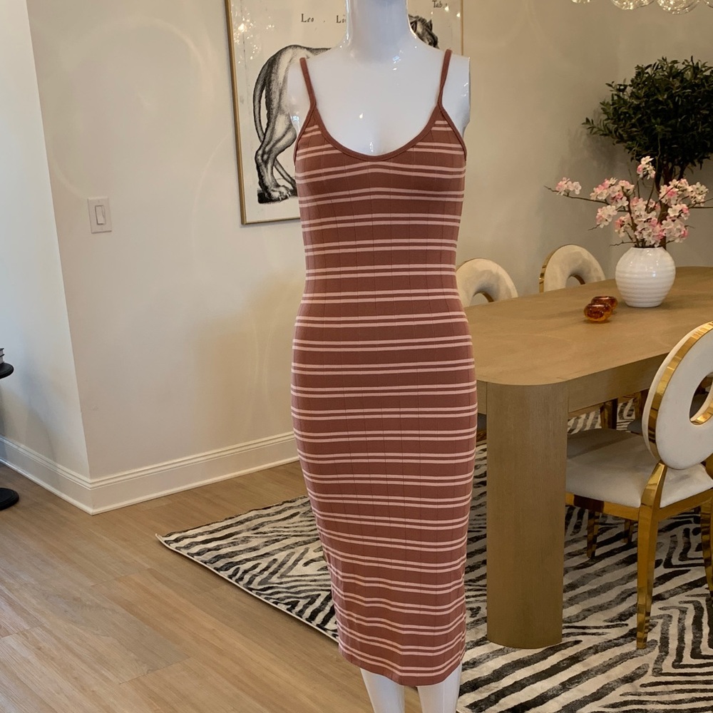 wild fable Striped Ribbed Midi Slip Dress in Dusty Rose and Light Pink